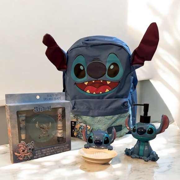 Disney Other - Disney Bundle  Stitch Soap Dish Lotion Dispenser Beauty Set & Figural Backpack